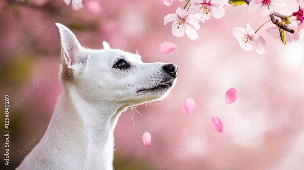 Obraz premium White dog with cherry blossoms and falling petals