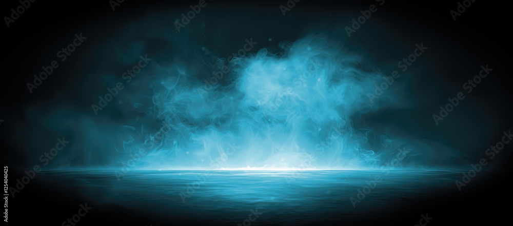 Fototapeta premium Dramatic dark bold blue smoke misty swirling colorful background, glowing arctic ice spotlight highlight and floating dust particles on reflective ground. Cinematic studio product photography backdrop