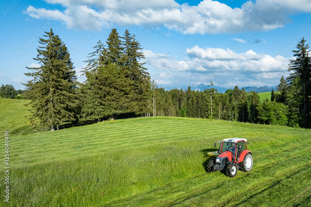 Grünfuttergewinnung im Allgäu - Traktor mit Mähwerk beim Gras mähen, Luftaufnahme. Grünfuttergewinnung im Allgäu - Traktor mit Mähwerk beim Gras mähen, Luftaufnahme.