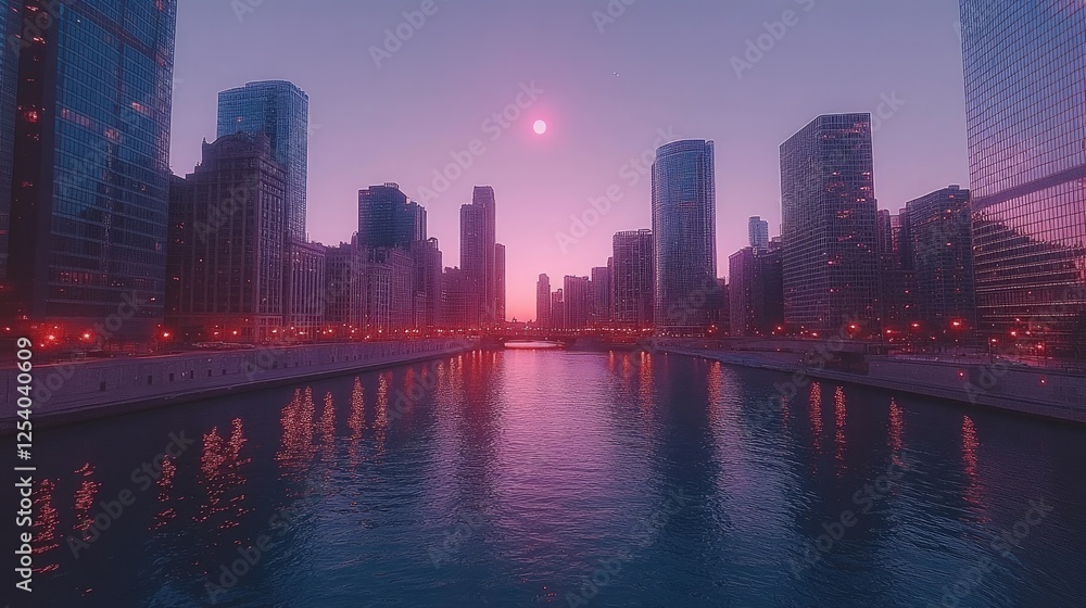 Fototapeta premium A serene cityscape at sunset, reflecting vibrant colors on the water.