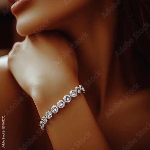 Radiant close-up of a diamond bracelet on a woman's wrist capturing luxury and charm in soft tones : Generative AI