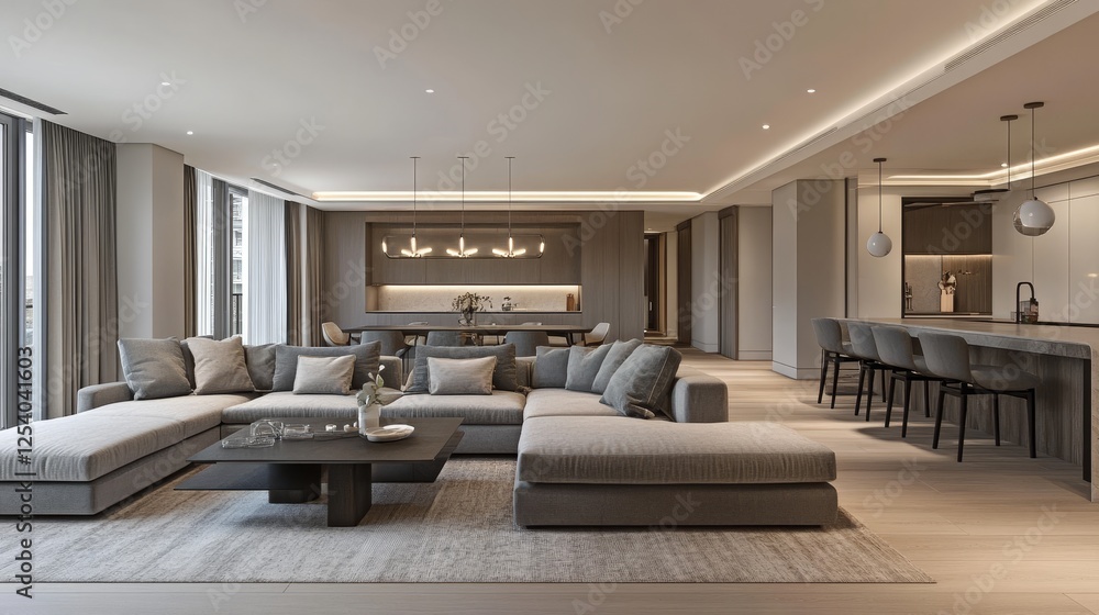 Modern living room in gray tones, hall, open space with parquet oak floor with steps, sofa, carpet and coffee tables, dining table with chairs and lamps, minimal interior design, 3d illustration Modern living room in gray tones, hall, open space with parquet oak floor with steps, sofa, carpet and coffee tables, dining table with chairs and lamps, minimal interior design, 3d illustration