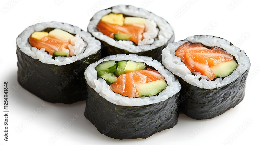 Vibrant sushi rolls with salmon, cucumber, and rice, wrapped in nori, a culinary delight and artistry. Vibrant sushi rolls with salmon, cucumber, and rice, wrapped in nori, a culinary delight and artistry.