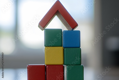 Colorful wooden blocks forming a playful house structure against a bright background : Generative AI