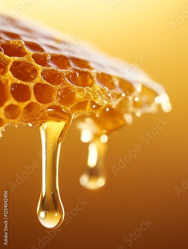 Close up view of honeycomb with honey dripping in a beautiful warm light : Generative AI photo