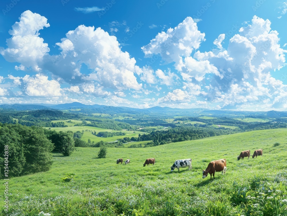 Cattle grazing in lush green pasture mountainous landscape nature scene vibrant sky wide angle grassfed livestock farming Cattle grazing in lush green pasture mountainous landscape nature scene vibrant sky wide angle grassfed livestock farming