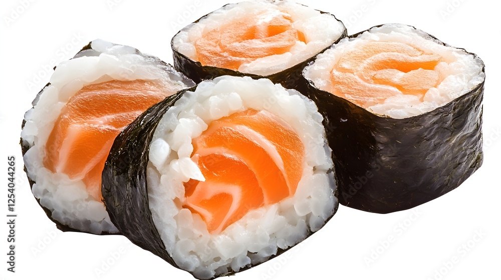 A vibrant display of fresh salmon sushi rolls, featuring a harmonious blend of textures and colors.