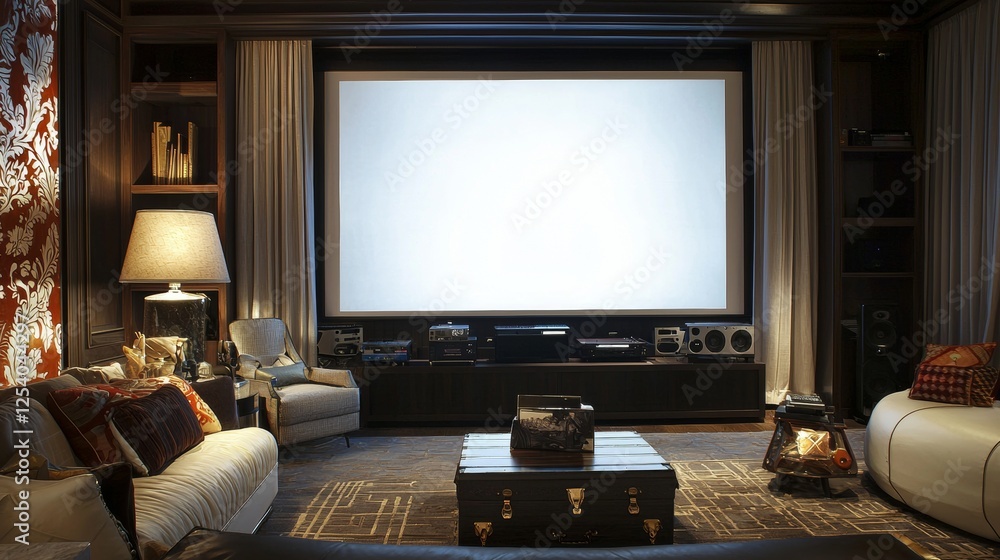 Fototapeta premium Cozy home theater setup with plush seating and large screen in a modern entertainment space