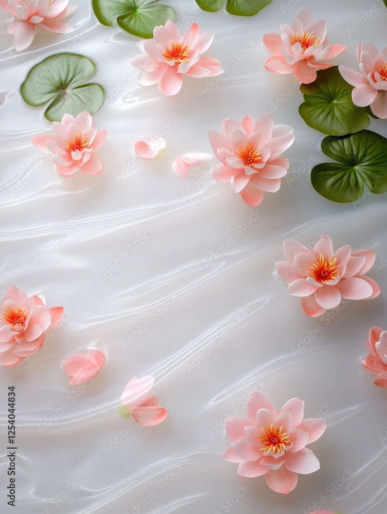 Obraz premium Beautiful pink water lilies floating gracefully on a serene surface, surrounded by green lily pads, tranquil nature concept