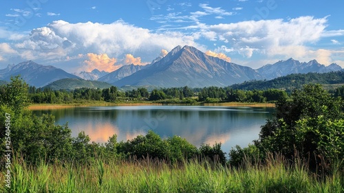 Serene Mountain Lake Landscape At Sunrise photo