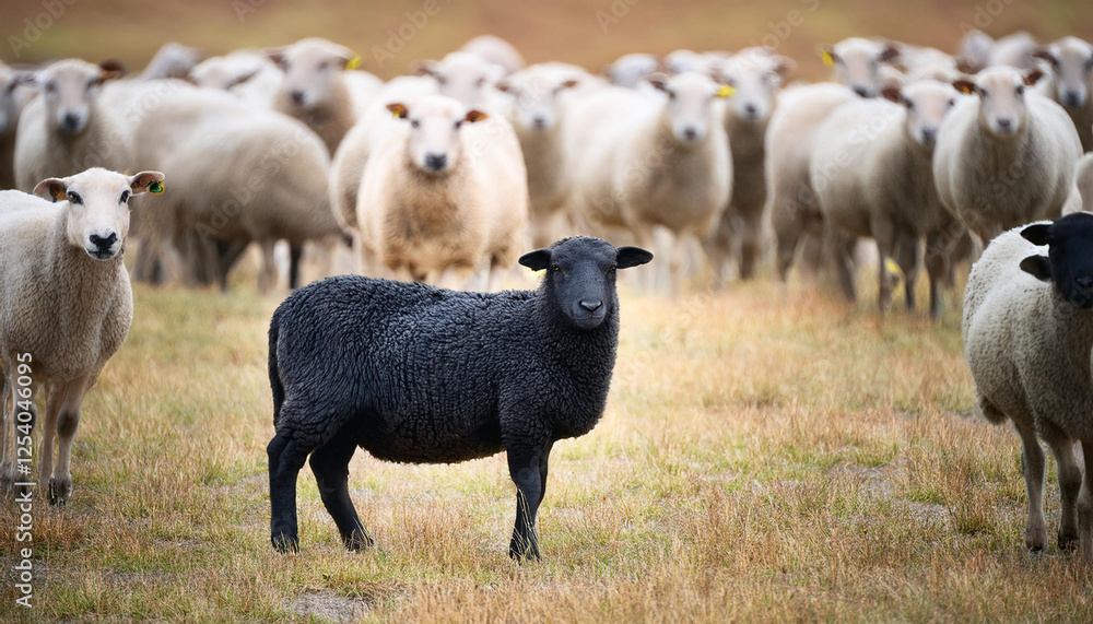 Fototapeta premium adorable black sheep among white flock