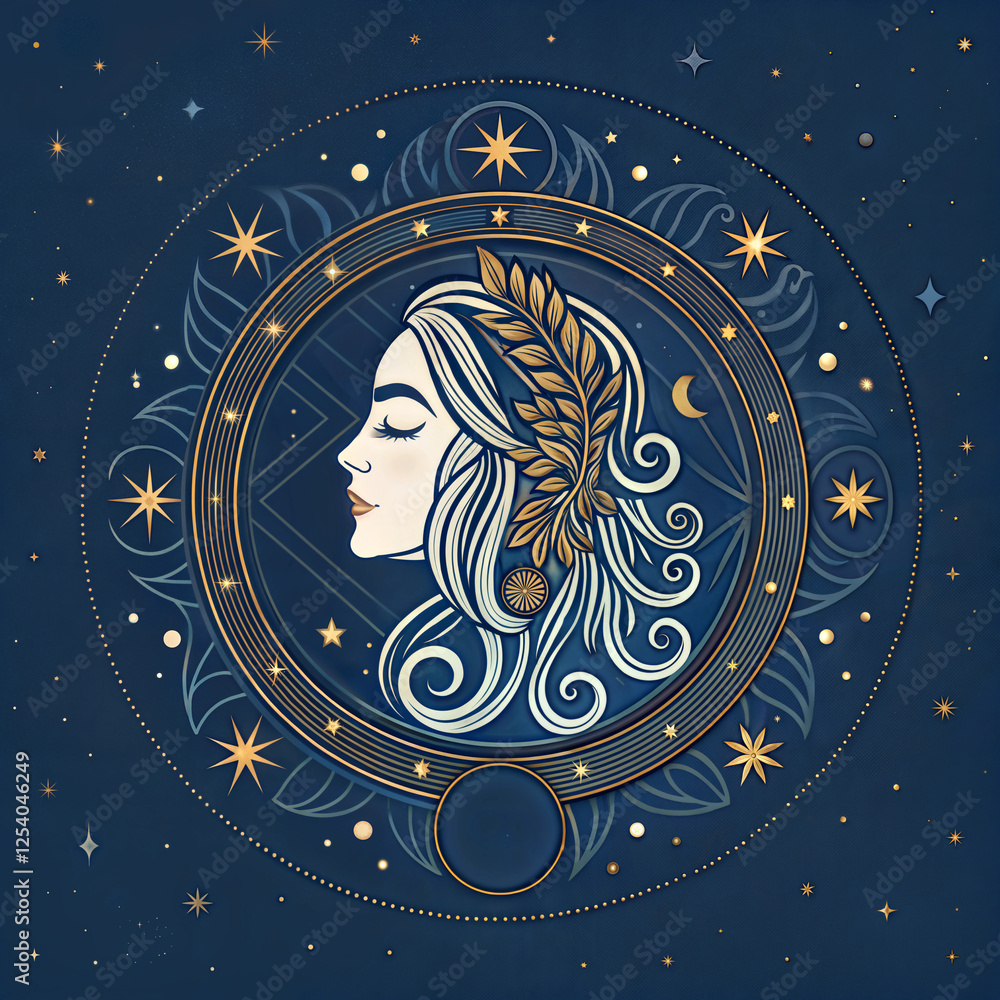 Virgo sign, celestial female portrait with gold and navy zodiac elements Virgo sign, celestial female portrait with gold and navy zodiac elements