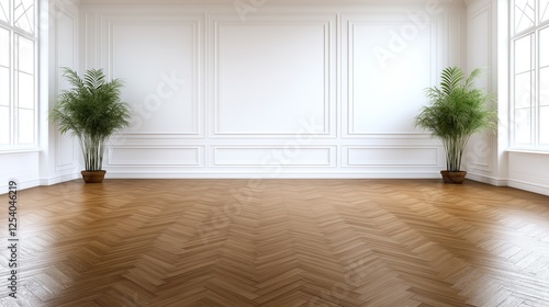 Spacious interior showcases a wooden herringbone floor with a polished finish. Two decorative plants placed in pots add a touch of greenery to the minimalist design and light-filled room