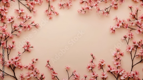 Cherry blossoms on branches create a border around a background