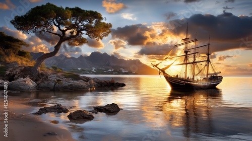 tall ship rests peacefully in a serene bay during sunset. Gorgeous clouds reflect vibrant colors in the water as a solitary tree overlooks the tranquil scene on the rocky shoreline