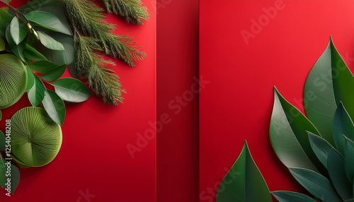 two red backgrounds proposing severa green flora and leaves photo