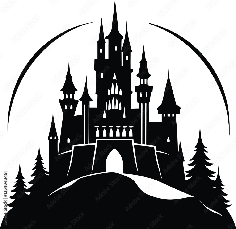Majestic Black Castle Silhouette, Hilltop, Enchanting, Dark Fairytale, Forest, Night, Gothic