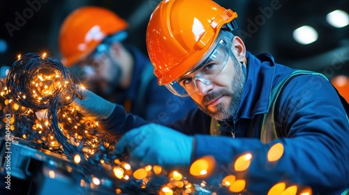 Two male workers with safety gear focus on connecting bright electrical wires, surrounded by equipment and dim workshop lighting that highlights their task