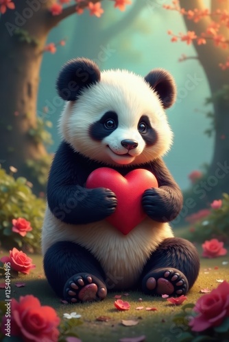 Sweet panda with heart, infinite background design, kawaii, conservation, hug