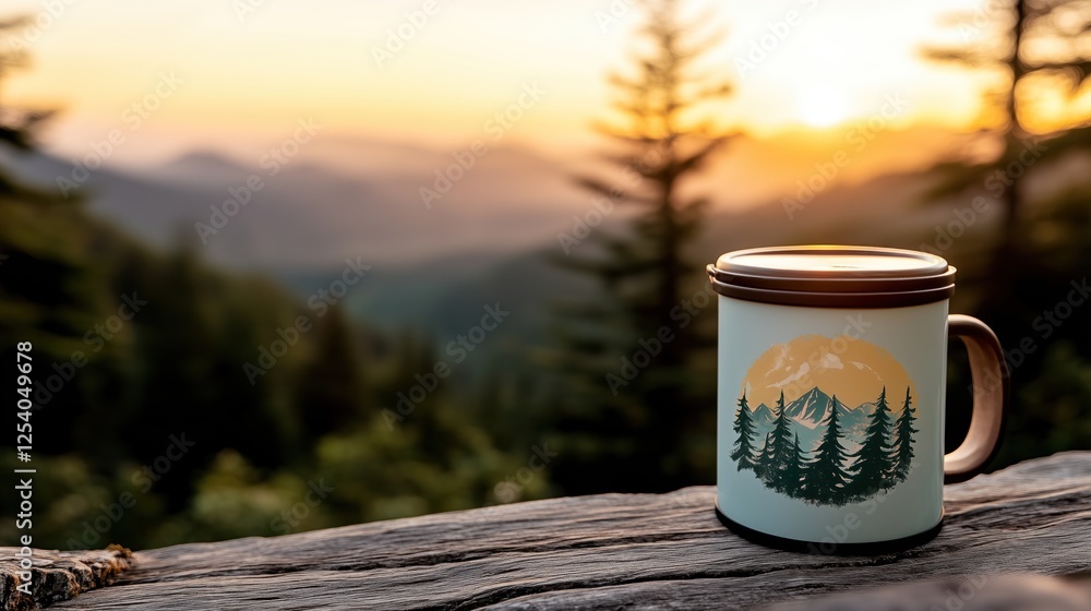 Obraz premium warm drink sits atop a wooden surface, with a beautiful sunrise illuminating the mountainous landscape in the background. Tall trees outline the serene view