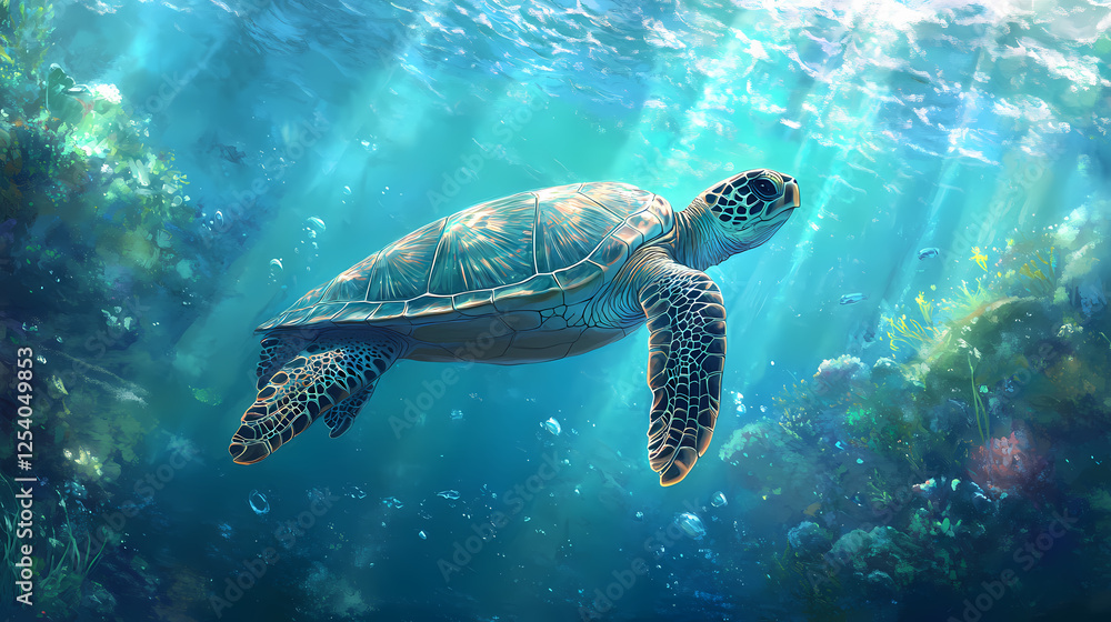 Fototapeta premium Underwater scene with a sea turtle swimming in clear blue waters, emphasizing the beauty of marine life and the peacefulness of the ocean. Glass-Encased Ecosystems. Illustration