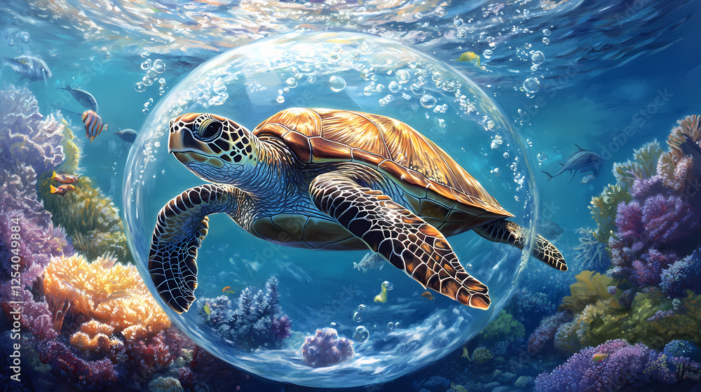 Fototapeta premium Underwater scene with a sea turtle swimming in clear blue waters, emphasizing the beauty of marine life and the peacefulness of the ocean. Glass-Encased Ecosystems. Illustration