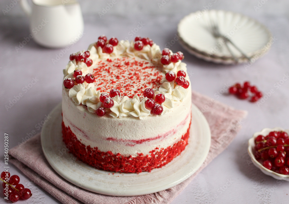 Red Velvet Cake with mascarpone and whipped cream on a plate, decorated with red currant. Pink napkin, grey background and white milk jug. Red Velvet Cake with mascarpone and whipped cream on a plate, decorated with red currant. Pink napkin, grey background and white milk jug.
