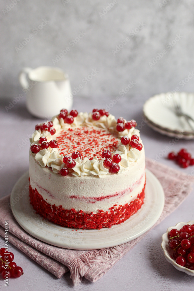 Red Velvet Cake with mascarpone and whipped cream on a plate, decorated with red currant. Pink napkin, grey background and white milk jug. Red Velvet Cake with mascarpone and whipped cream on a plate, decorated with red currant. Pink napkin, grey background and white milk jug.