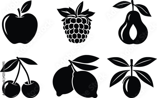 Set of fruit icons. Variety products, healthy food collection of apples, cherry, grape, pears, carrot, lemons, 