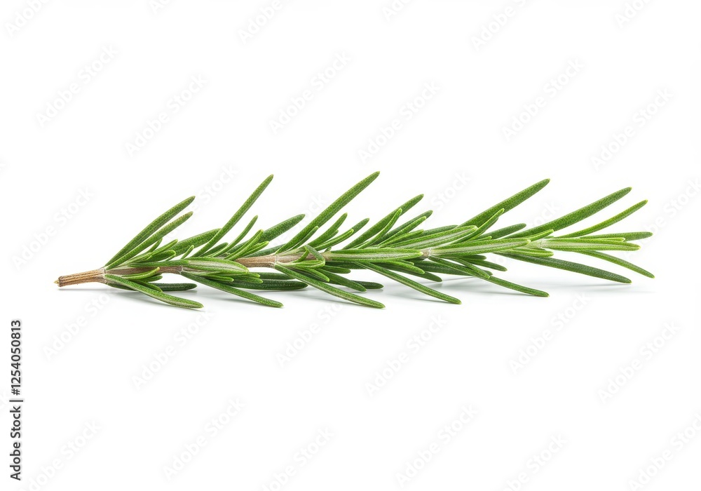 Fototapeta premium A single sprig of fresh green rosemary with needle like leaves isolated on white background