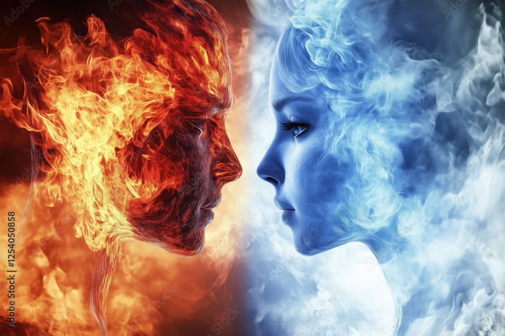 A striking image of two faces, one made of fire and the other of ice, representing contrasting elements. A striking image of two faces, one made of fire and the other of ice, representing contrasting elements.