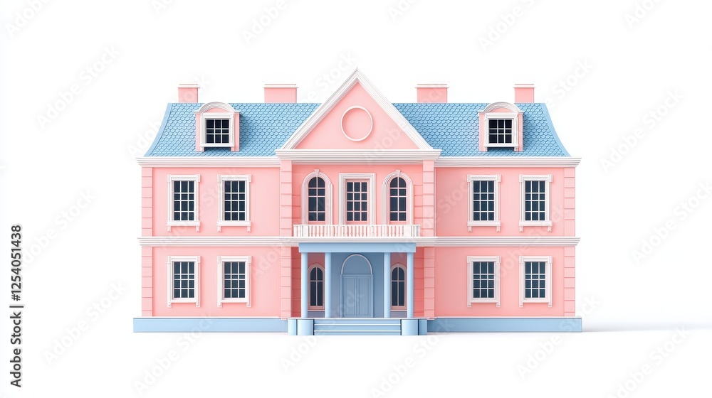 A charming pink mansion with blue accents, featuring a symmetrical design and classic architectural elements. A charming pink mansion with blue accents, featuring a symmetrical design and classic architectural elements.
