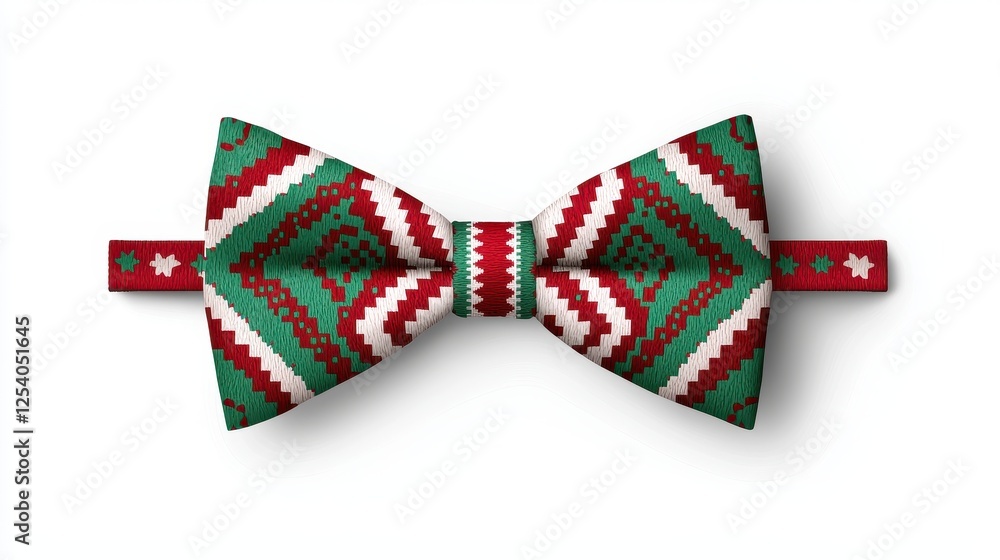 A vibrant, patterned bow tie featuring green, red, and white colors, perfect for festive occasions. A vibrant, patterned bow tie featuring green, red, and white colors, perfect for festive occasions.