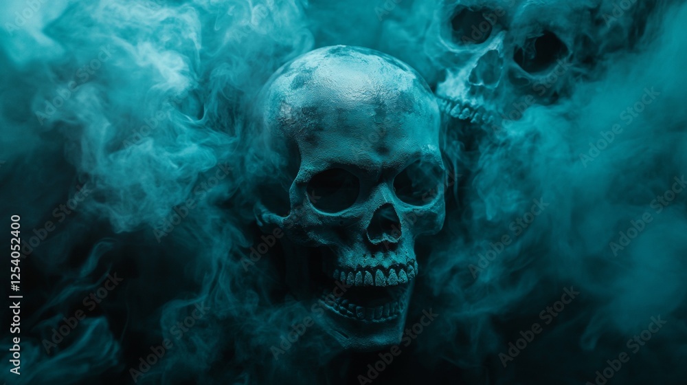 Mysterious blue skull surrounded by swirling smoke Mysterious blue skull surrounded by swirling smoke