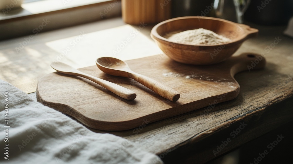 Rustic breakfast scene with oatmeal and wooden utensils Rustic breakfast scene with oatmeal and wooden utensils