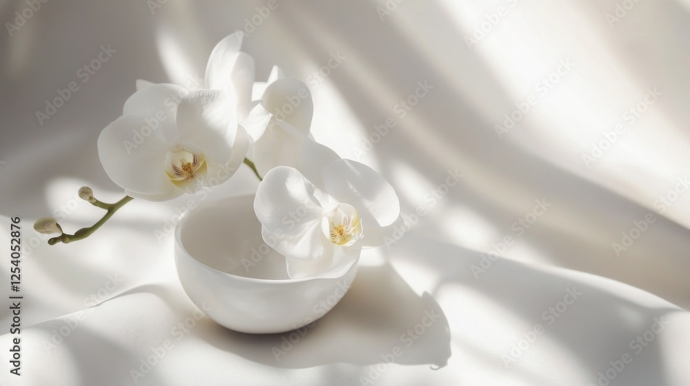 Delicate white orchids on a soft fabric background Delicate white orchids on a soft fabric background