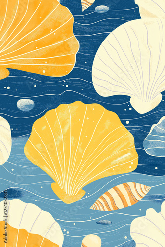 Seashells sea life pattern, simple multicolored seamless drawing, background