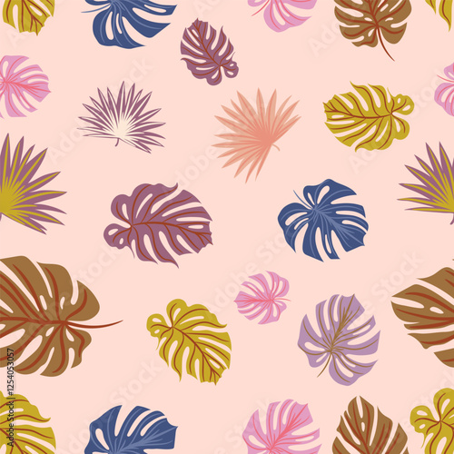 Tropical vector hand drawn seamless pattern with colorful palm leaves