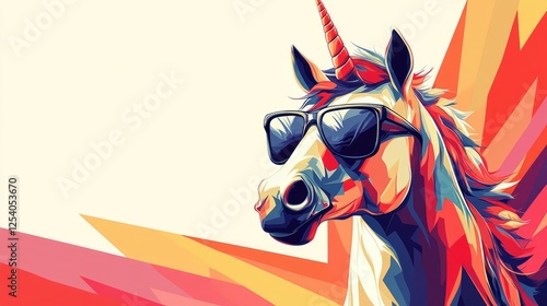 A colorful, stylized unicorn wearing sunglasses against a vibrant background.