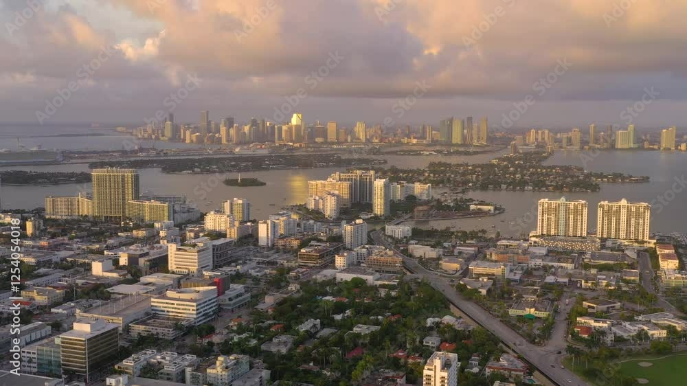 MIAMI, UNITED STATES - FEBRUARY 8, 2025: Aerial view of Miami skyline showcases vibrant city life and stunning waterfront at dusk MIAMI, UNITED STATES - FEBRUARY 8, 2025: Aerial view of Miami skyline showcases vibrant city life and stunning waterfront at dusk