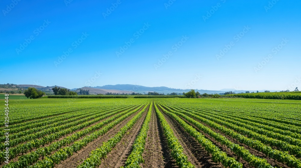 An expansive organic farm landscape with rows of vibrant crops under a clear blue sky, Organic farm scene, Natural and serene style An expansive organic farm landscape with rows of vibrant crops under a clear blue sky, Organic farm scene, Natural and serene style