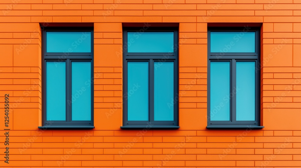 Modern Orange Wall with Three Blue Windows in Urban Setting Modern Orange Wall with Three Blue Windows in Urban Setting