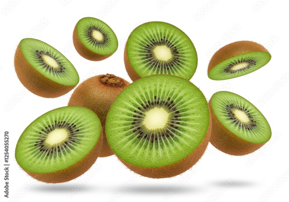 Fototapeta premium Kiwi slices and halves floating in mid-air isolated on white background