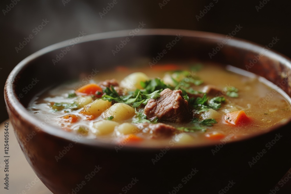 A comforting bowl of hearty stew with vegetables and herbs, steaming gently, inviting warmth and nourishment. A comforting bowl of hearty stew with vegetables and herbs, steaming gently, inviting warmth and nourishment.
