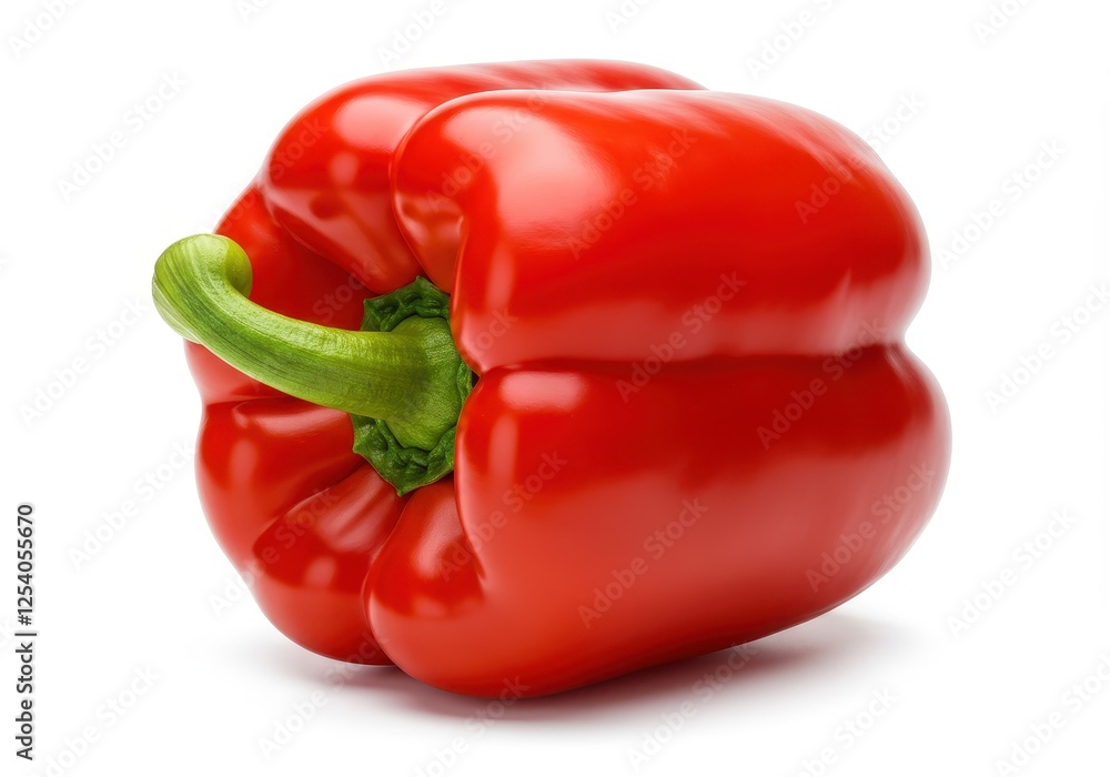A single fresh red bell pepper with a green stem isolated on white background A single fresh red bell pepper with a green stem isolated on white background