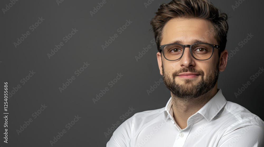 Obraz premium Confident man with glasses in white shirt against gray background