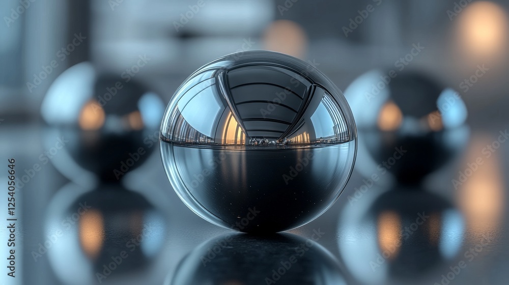 Shiny metallic spheres with blurred reflections sit on a surface Shiny metallic spheres with blurred reflections sit on a surface