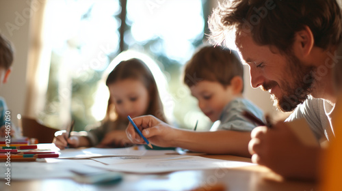 Collaborative Learning at Home: Father and Children Engaging Activities photo