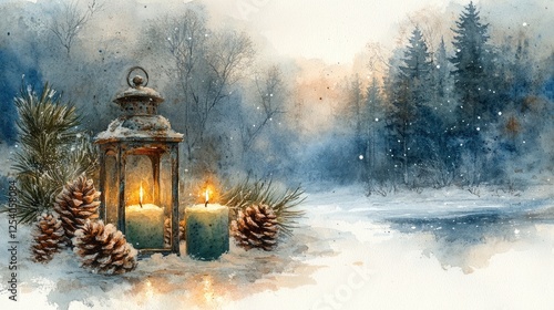 A serene winter scene featuring a lantern and candles amidst pinecones and snowy trees.