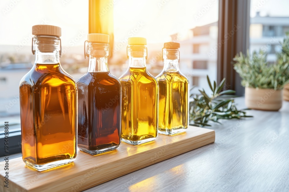 Elegant flavored olive oils displayed on kitchen counter at golden hour realistic photography eye-level perspective Elegant flavored olive oils displayed on kitchen counter at golden hour realistic photography eye-level perspective